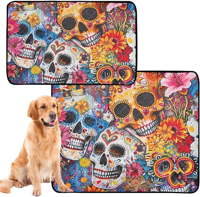 2 Pack Dog Pee Rug Cat Pee Pads for Indoor Cats Anti Slip Mat for Car 24x36in＋36x42in Day of The Dead Sugar Skull Floral Art Print - sugar skull car floor mats