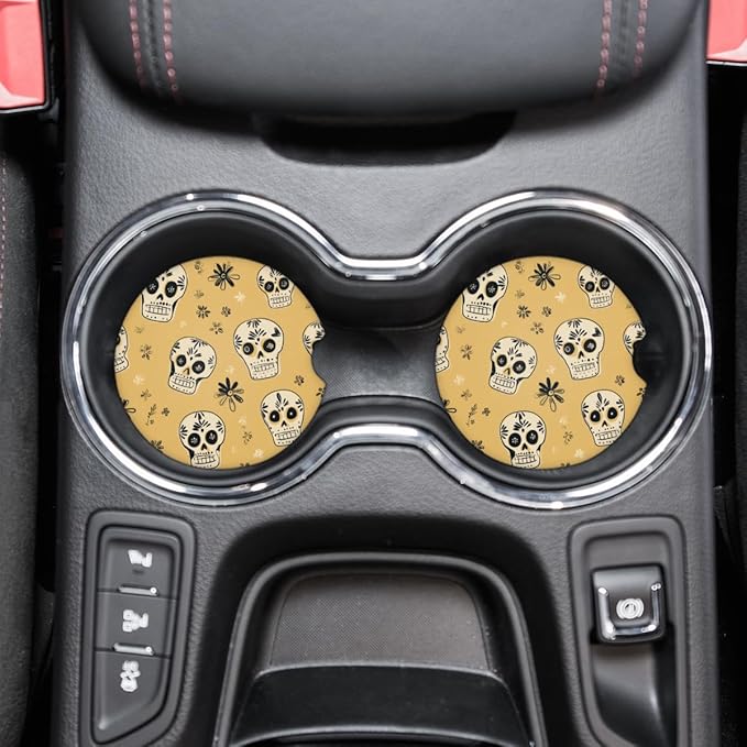 Day of The Dead Sugar Skull Car Coasters 2 Pack Flowers Absorbent Cup Holder Coaster Set with Non-Slip Cork Base Ceramic Cup Mats Car Accessories 2.7 Inch - sugar skull car floor mats