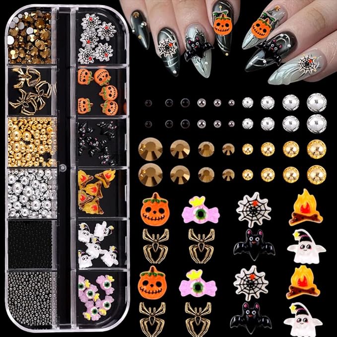 Halloween Nail Charms and Gems,12 Styles Cute Ghost Nail Charms 3D Resin Skull Spider Bat Pumpkin Ghost Halloween Nail Design Acrylic Ghost Nail Gems with Gold Silver Rhinestones Nail Art Decoration - sugar skull nail art