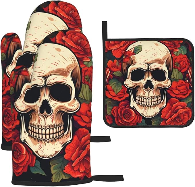 Oven Mitts and Pot Holders Sets of 3 Heat Heat Resistant Oven Gloves Non-Slip Kitchen Mittens Sugar Skull Rose Oven Mitts Hot Pads BBQ Gloves Potholders for Cooking Baking Grilling - sugar skull oven mitts