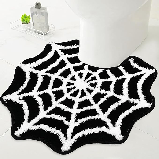 Spider Web Bathroom Rug Black Halloween U-Shaped Toilet Rug Soft Bath Mat Non Slip Washable Floor Mat for Home Hotel Bathroom Restroom Entrance Decor - sugar skull toilet mat set