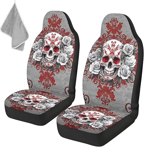Car Seat Covers for Front Seats, 2 Pack – Sugar Skull Designs,Full Wrap and Easy Installation, Fits Most Car SUV,Halloween Design - sugar skull car pet seat cover