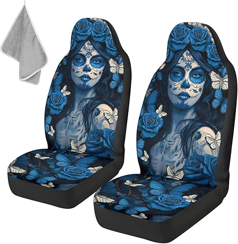 Sugar Skull Girl Cloth Car Seat Covers for Front Seats – Automotive Bucket Seat Covers, Universal for Car SUV,Breathable and Soft - sugar skull car seat covers set