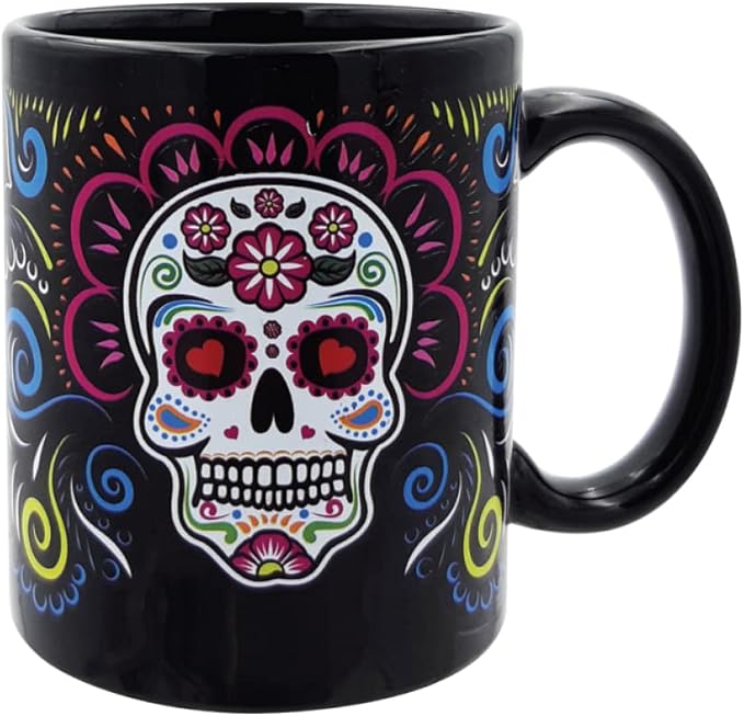 Rockin Sugar Skull Coffee Mug – 11 oz Ceramic Black Day of the Dead Skull Design Mug, Microwave & Dishwasher Safe – Novelty Gift for Men & Women Coffee Tea Lovers - sugar skull coffee cup