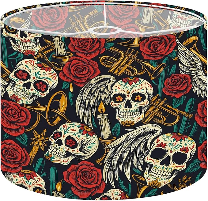 Lamp Shade Vintage Day Dead seamless sugar skulls rose flowers Drum Lamp Shades for Table Lamps Floor Lamps Pendant Light 8.9"x11" Replacement Large Linen Lampshade Easy Assembly - sugar skull table lamp