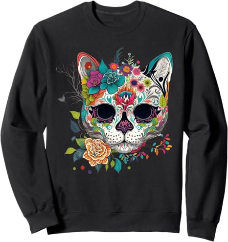 Cat Sugar Skull Shirt Women Halloween Cat Lovers - sugar skull sweatshirt womens