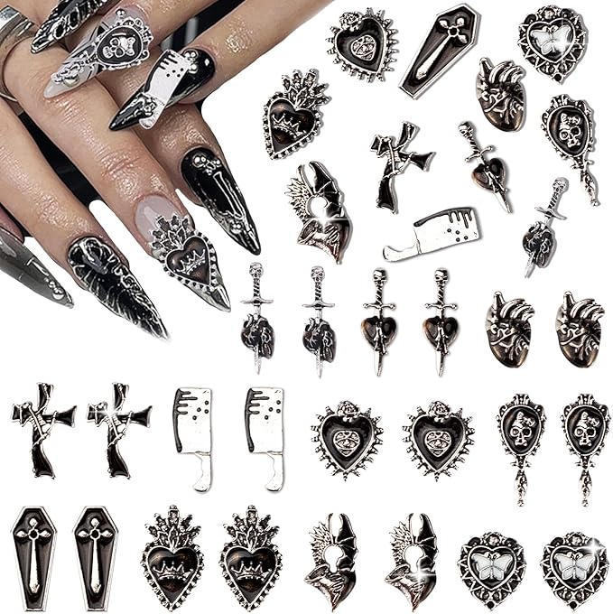 22 Pcs Halloween Nail Charms - Chrome Gem Gothic Gem Set with 3D Metal Gothic Cross, Heart, Tombstone, Black & Retro Designs - DIY Halloween Nail Charms - sugar skull nail art