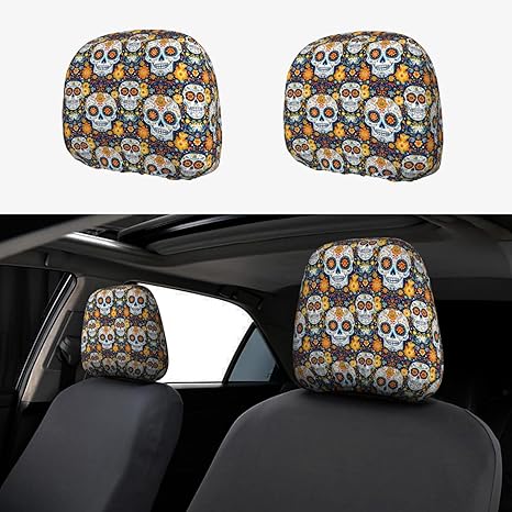 Sugar Skull Day of The Dead Flowers 2 Pack Printed Car Seat Headrest Covers, Soft Breathable Seat Covers Auto Accessories Headrest Protectors Universal Fit Most Cars SUV - sugar skull car pet seat cover