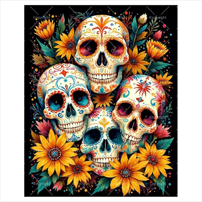 Sugar Skulls with Sunflowers Paint by Numbers Kit for Adults - DIY Day of The Dead Skulls Painting on Canvas 16x20In, Frameless Acrylic Paint Set, Suitable for Beginners,Home Decoration or Gifts - sugar skull canvas wall art