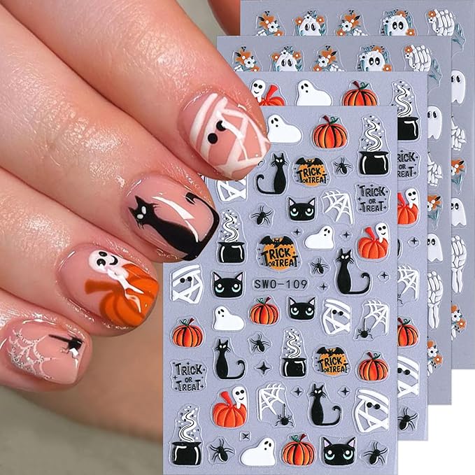 Halloween Nail Stickers 5D Spooky Nail Decals 4PCS Self-Adhesive Black Cat Pumpkins Spider Web Ghost Skeleton Hand Skull Design Gothic Halloween Nail Art Supplies for Women Holiday Nail Decorations - sugar skull nail art