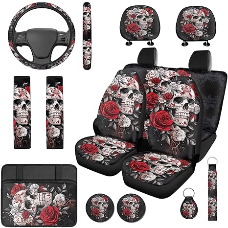 XYZCANDO Halloween Sugar Skull Car Seat Covers Full Set 14 Pcs Auto Steering Wheel Cover and Cars Headrest Cover and Console Cover and Comfortable Cars Seat Belt Cover Soft for Car SUV - sugar skull car seat covers set