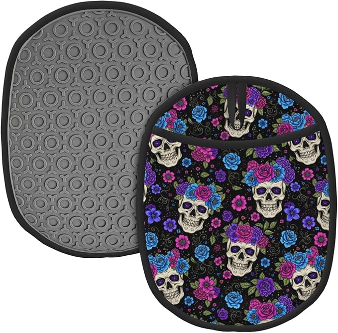 Silicone Pot Holders Set of 2 Non Slip Purple Mexican Sugar Skulls Day of The Dead Floral Flowers Potholders Oven Hot Pads with Pockets Mitts for Kitchen - sugar skull beach towel
