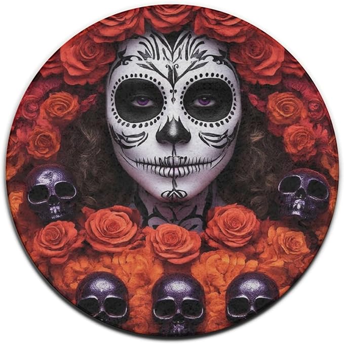 Highly Premium Quality Floor Mat, Office Chair Decor Mat, Room Sofa Yoga Soft Round Carpet Mexican Day of The Dead Sugar Skull Floral Women Art, 60inch - sugar skull yoga mat