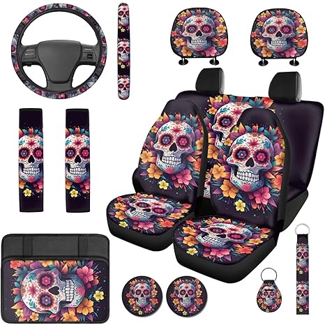 Sugar Skull Car Seat Covers Set 14 Pack with Steering Wheel Cover Auto Seat Belt Cover Head Rest Protector Center Console Cover Car Accessories Universal for Auto SUV - sugar skull car seat covers set