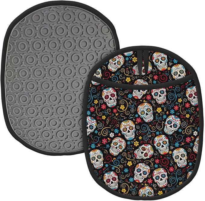 Soft Sugar Skulls Silicone Pot Holder Set of 2 Non Slip Potholders Oven Hot Pads with Pockets Mitts - sugar skull beach towel