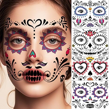 4 Sheets Halloween Face Tattoos, Waterproof Day Of The Dead Sugar Skull Temporary Tattoos, Colorful Floral Face Stickers for Women, Men & Kids, Gothic Style Spooky Fake Tattoos for Cosplay Party - sugar skull temporary tattoo