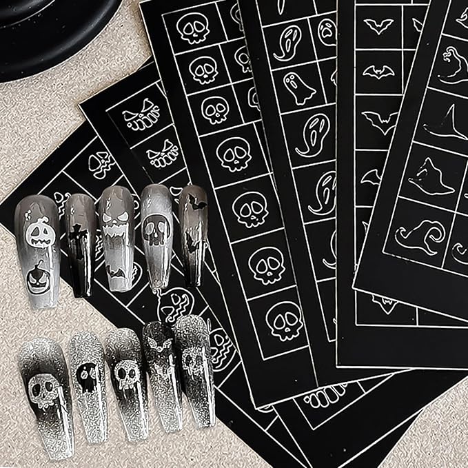 Halloween Airbrush Stencils Nail Sticker, Skull Ghost Bat Nail Art Stickers Nail Stencils Decals, Holiday Design Hollow Nail Guides Decal for Women Decoration DIY Tools 6Pcs - sugar skull nail art