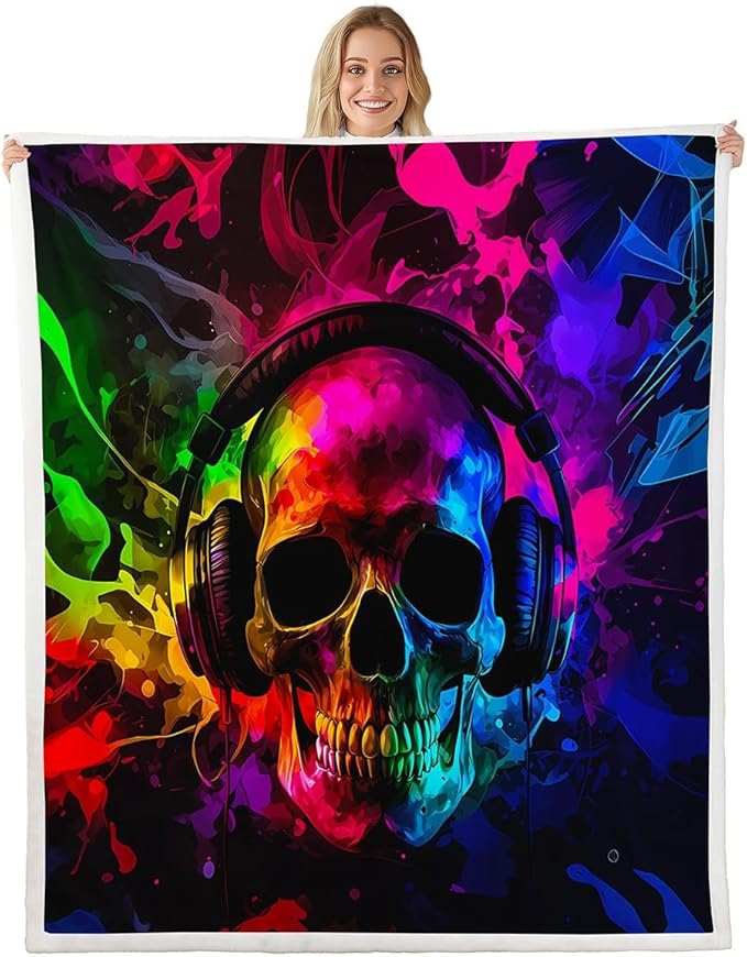 Erosebridal Sugar Skull Fleece Throw Blanket Throw 50"x60" - Ultra-Soft for Couch Sofa Bed,Colorful Gothic Sherpa Blanket,Funny Skeleton Fuzzy Plush Throw,Hippie Graffiti Room Decor - sugar skull throw blanket