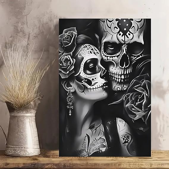 Halloween Sugar Skull Embrace Roses Vintage Rustic Canvas Wall Art - 12x18in Unframed Poster- Home & Office Decor for Living Room, Bedroom, Kitchen & Cafe - sugar skull poster print