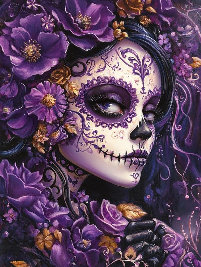 DIY Black and Purple Sugar Skull Girl Diamond Painting 12x16 Inch, Full Round Drill Kits Mosaic Art for Adults Relax & Home Wall Decor Festival Gift 472 - sugar skull canvas wall art