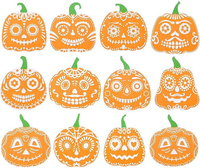 12 Pcs Thanksgiving Day of The Dead Stickers Mexican Fiesta Stickers Sugar Skull Pumpkin Decor 4inch Waterproof Clear Self-Adhesive Decals for Laptops Window Gifts Party - sugar skull vinyl sticker