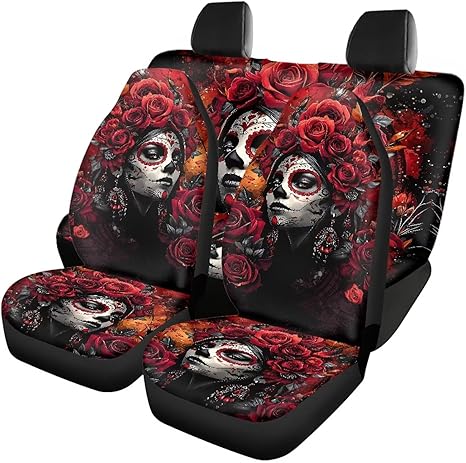 Bulopur Sugar Skull Girl Car Seat Covers Front and Back Full Set 4 Piece Automotive Seat Covers Highback Vehicle Bucket Cushion Cover Stretch Fabric Easy to Install Auto Interior Decor Car Accessories - sugar skull car seat covers set