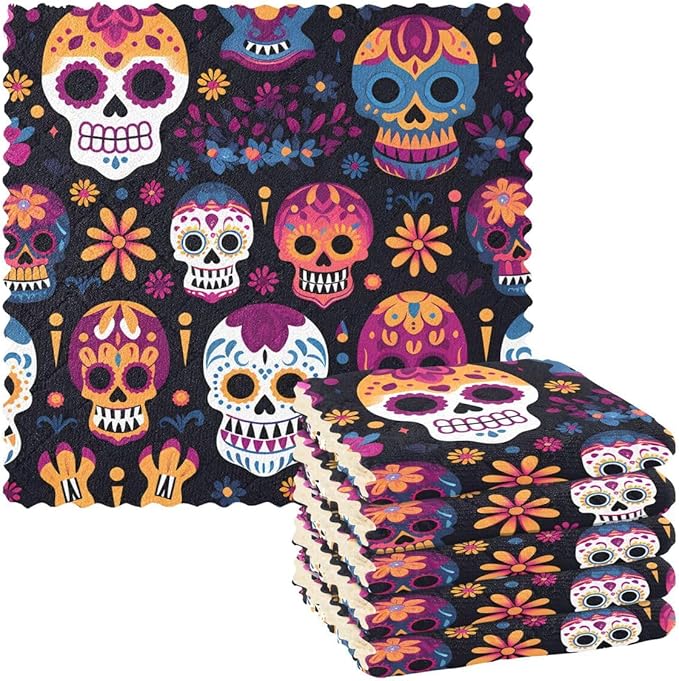 ALAZA Dia De Los Muertos Sugar Skull Dish Cloths Kitchen Towels Dish Towels 6 Pack Absorbent for Drying Dish Cleaning Washing Soft 11x11 Inches - sugar skull beach towel