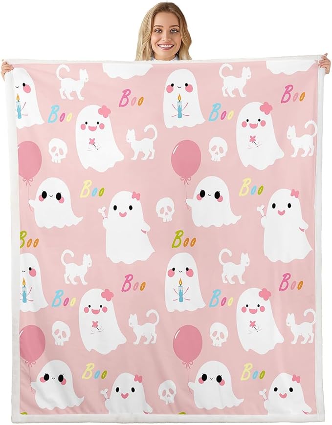 Erosebridal Kids Cartoon Ghost Fleece Blanket Twin 60x80 Kawaii Pink Halloween Sherpa Blanket Happy Halloween Theme Fuzzy Plush Throw Goth Sugar Skull Cat Decor - sugar skull throw blanket