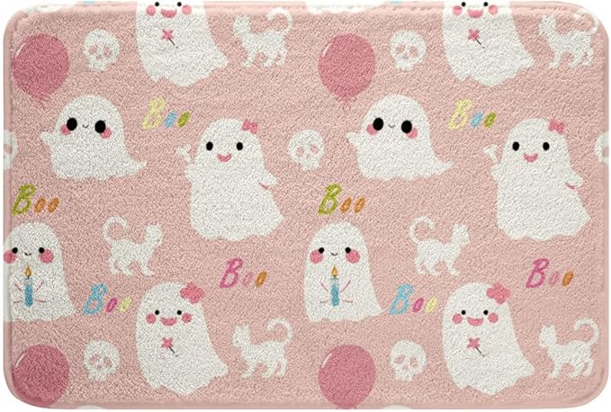 Erosebridal Kids Cartoon Ghost Bathroom Rugs 20"x 32" Kawaii Pink Halloween Bath Mat Happy Halloween Theme Doormats Floor Mats Goth Sugar Skull Cat Non Slip Bath Rug - sugar skull toilet mat set