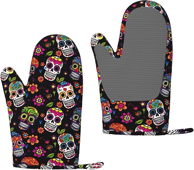 Oven Mitts Set of 2 with Sugar Skulls Flowers Printing, Cute Cartoon and Flowers Silicone Oven Gloves Washable for Kitchen Cooking Baking - sugar skull oven mitts