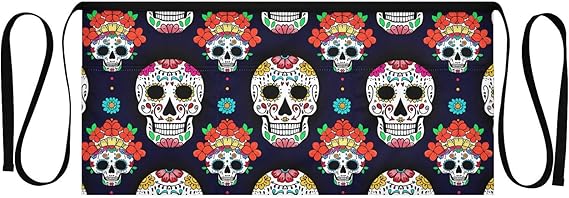 Luminous Sugar Skulls 3-Pocket Server Apron Professional Waist Apron for Waitress, Bartender & Restaurants, Water-Resistant Half Apron for Men Women - sugar skull apron for women