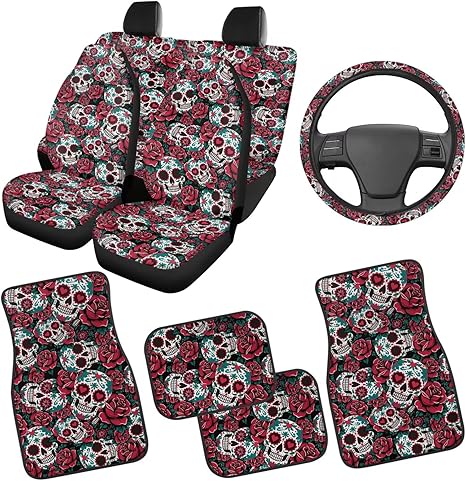 Sugar Skull Car Seat Covers Automotive Floor Mats with Anti-Slip Pad Car Steering Wheel Protector Removable Automotive Accessories Easy to Install for SUV,Van,Sedan,Truck - sugar skull car seat covers set