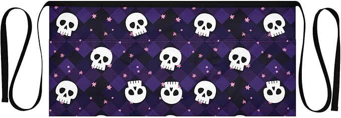 Sugar Skull Sparkle 3-Pocket Server Apron Professional Waist Apron for Waitress, Bartender & Restaurants, Water-Resistant Half Apron for Men Women - sugar skull apron for women