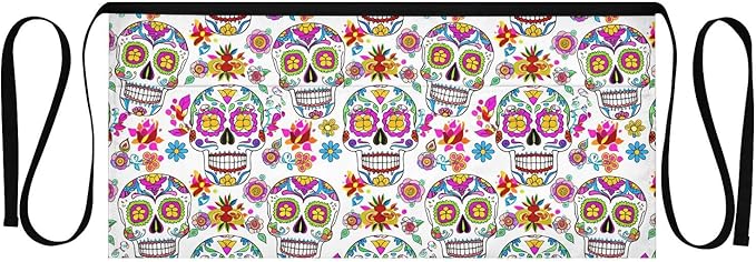 Sunlit Sugar Skulls 3-Pocket Server Apron Professional Waist Apron for Waitress, Bartender & Restaurants, Water-Resistant Half Apron for Men Women - sugar skull apron for women