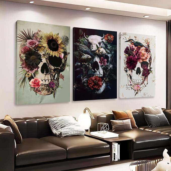 Rumftozyb Floral Skull Canvas Wall Art, Set of 3 Sugar Skull Canvas Print, Gothic Flowers Wall Art, Vintage Halloween Prints, Aesthetic Poster, Dark Goth Decor for Living Room (12" x 18" x 3 pcs) - sugar skull poster print