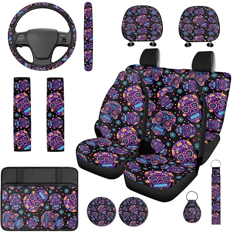 Horeset Sugar Skull Car Seat Covers Full Set 14 Pack Steering Wheel Cover Headrest Protector Car Arm Rest Cover Seat Belt Covers Keychain and Coaster Universal Fit for Most Cars SUV - sugar skull car seat covers set