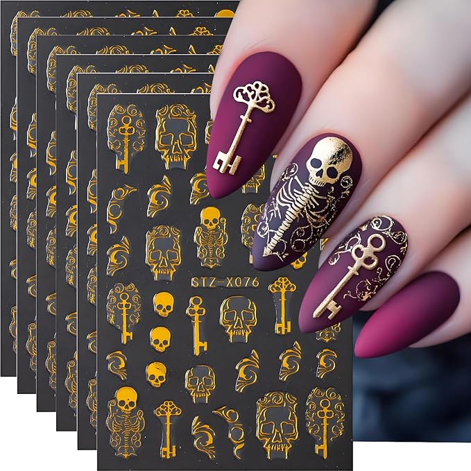 Halloween Nail Art Stickers, Funny Gold Skeleton Nail Decals 3D Self-Adhesive with Retro Key Skull Design 6Pcs Halloween Nail Art Supplies for Women Nail Decoration - sugar skull nail art