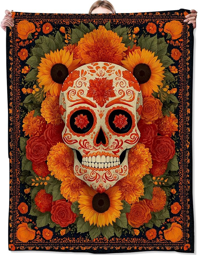 Colorful Sugar Skull Fleece Blanket, Soft Throw with Floral, Lightweight Cozy Blankets for All Seasons, Gothic Day of The Dead Home Decor and Gifts for Goth Lovers and Halloween, 50x60 Inch - sugar skull throw blanket