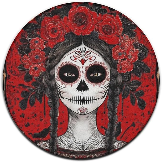 Men's Soft Round Yoga Carpet Fashion Circular Area Rug Living Room Decor Mat Mexican Red Rose Sugar Skull Floral Women Day of The Dead Art, 24inch - sugar skull yoga mat