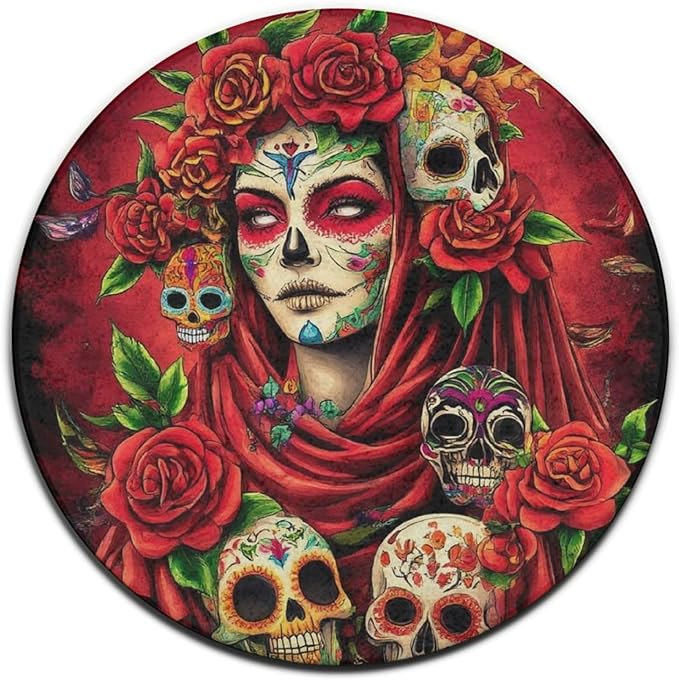 Round Kitchen Bathroom Rug Office Yoga Circle Mat, Mexican Red Rose Sugar Skull Floral Women Day of The Dead Art Non Slip Sofa Side Carpet, 60inch - sugar skull yoga mat