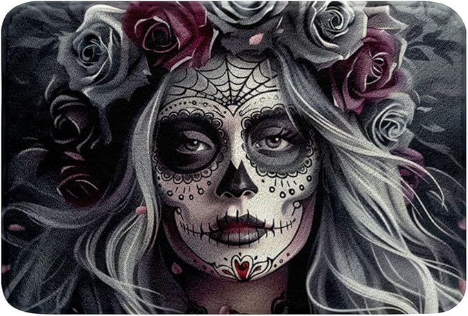 Erosebridal Rose Sugar Skull Bathroom Rugs Gothic Halloween Bath Mat Non Slip 16"X24" for Adults Men Women Room Decor,Spooky Skeleton Retro Floral Door Mat Halloween Skull Entrance Rug - sugar skull toilet mat set
