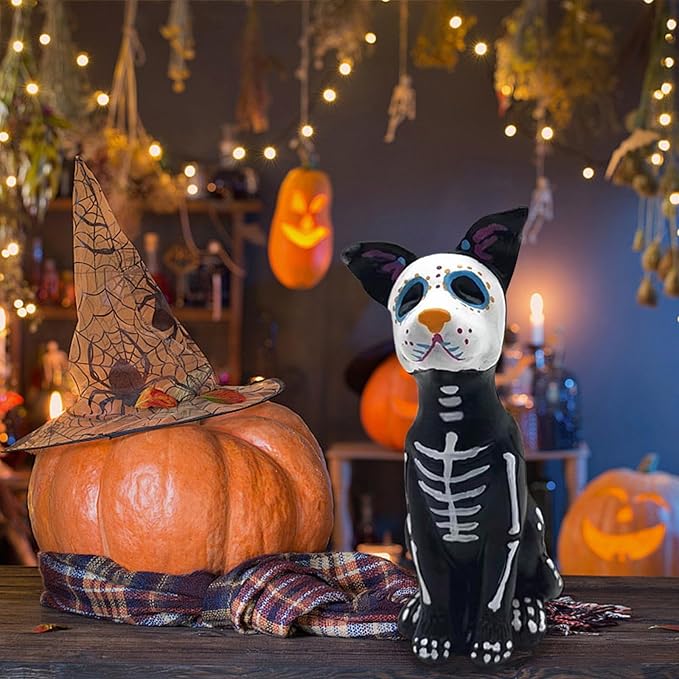 Day of The Dead Dog Cat Statue Colorful Paintings Sugar Skulls Animal Statue Mini Spooky Skeleton Kitten Dogs Figurines Dia de Los Muertos Decor (Dog) - sugar skull figurine collectible