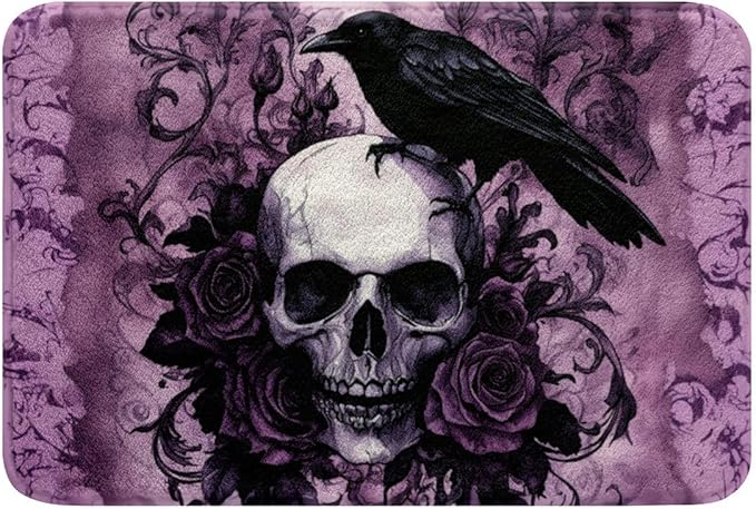 Erosebridal Gothic Halloween Skull Door Mat for Bedroom Purple Sugar Skull Bathroom Rug Non Slip Goth Bones Skeleton Bath Mat for Bathroom,Crow Rose Flower Entrance Rug 20"x32" - sugar skull toilet mat set