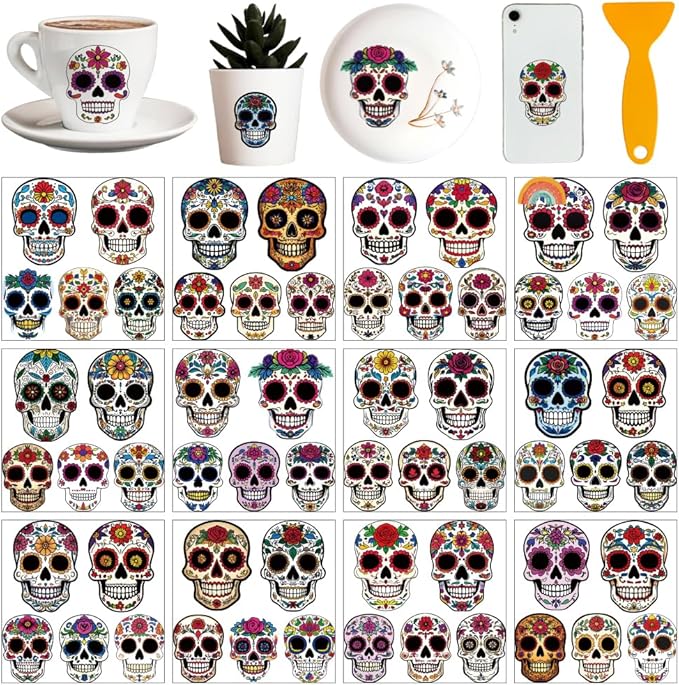 AHANDMAKER 12 Sheets Sugar Skull Rub on Transfer Stickers, Day of The Dead Window Decoration Beautiful Flower Patterns Furniture Decal for Home School Office Decor DIY Crafts Supplies 5.5 x5.5 Inch - sugar skull vinyl sticker