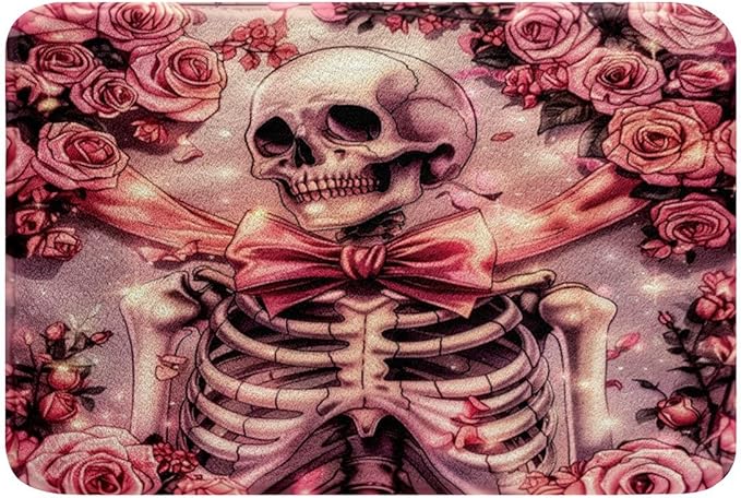 Erosebridal Pink Sugar Skull Bathroom Rugs Gothic Skeleton Bath Mat,Romantic Rose Flowers Doormats for Kids and Adults Boho Horror Themed Floor Mats,16"X 24" - sugar skull floor mat