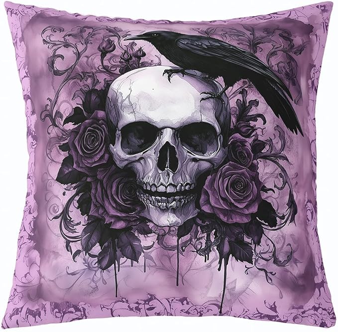 Erosebridal Gothic Halloween Skull Throw Pillow Covers 18x18 Purple Sugar Skull Pillow Cover Goth Bones Skeleton Cushion Cover Crow Rose Flower Pillowcases for Couch Sofa - sugar skull throw pillow