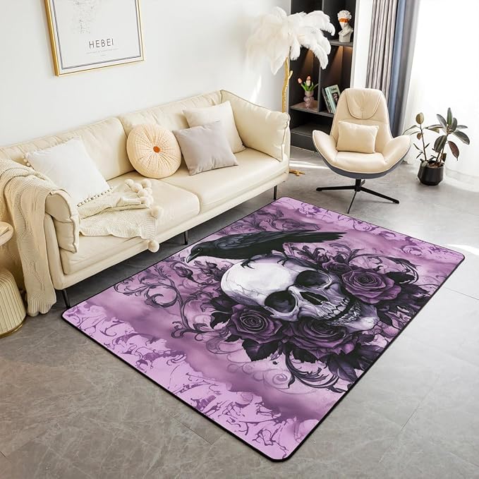 Erosebridal Gothic Halloween Skull Area Rug 5x7 Purple Sugar Skull Rug for Bedroom Living Room Goth Bones Skeleton Carpet Decor Crow Rose Flower Indoor Floor Mat Non Slip - sugar skull area rug