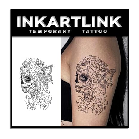 INKARTLINK Tattoo Tech, 2 Sheets Medium Semi Permanent Tattoo, Adult Art Design Temporary Tattoos, Lasts 1-2 Weeks, Waterproof, Realistic Look, No Reflection (Sugar Skull Lady) - sugar skull makeup kit