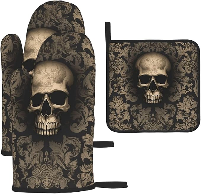 Gothic Wallpaper Skull Oven Mitts and Pot Holders Set of 3, Heat Resistant Waterproof Cooking Gloves Potholders Non Slip BBQ Gloves Hot Pads for Kitchen Cooking Baking Decoration - sugar skull oven mitts
