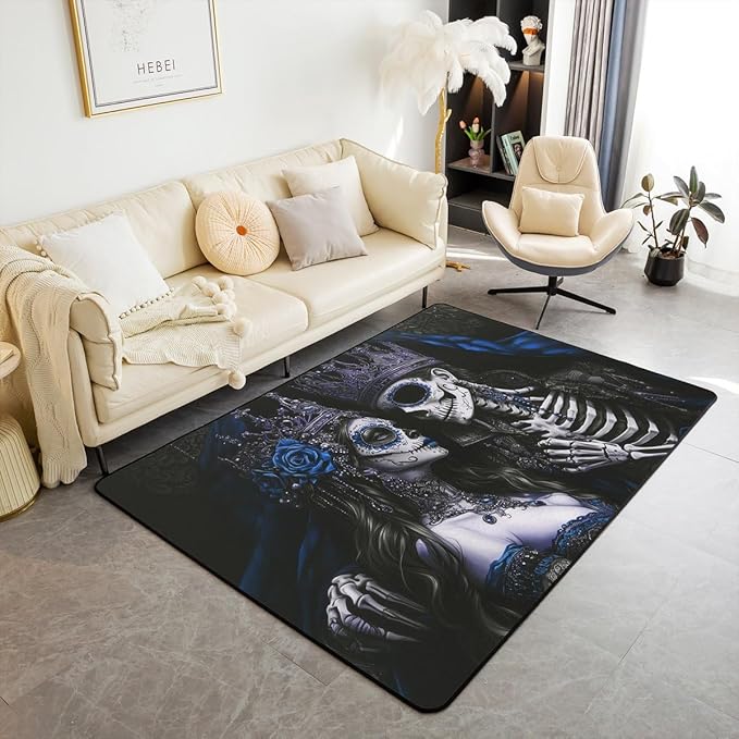 Sugar Skull Couple 3 x 5 Area Rug, Vintage Gothic Rugs for Living Room, Retro Goth Skeleton Washable Rug Victorian Antique Decor Spooky Bone Exotic Indoor Floor Mat, Blue Rose Room Decor Aesthetic - sugar skull floor mat